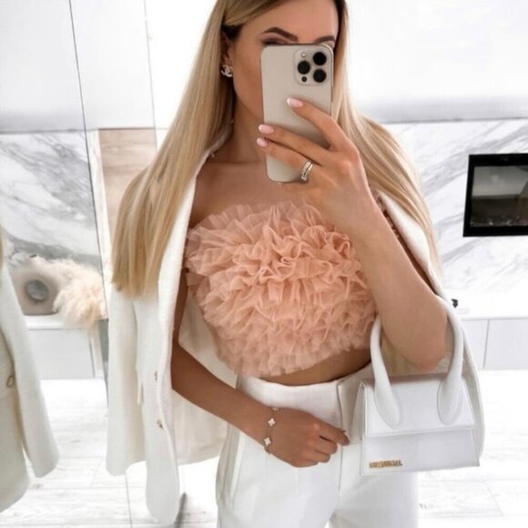 ZARA Tops - NWT Zara Pink Tulle Strapless Ruffle Crop Top XS Blogger Favorite Party Tube Top
